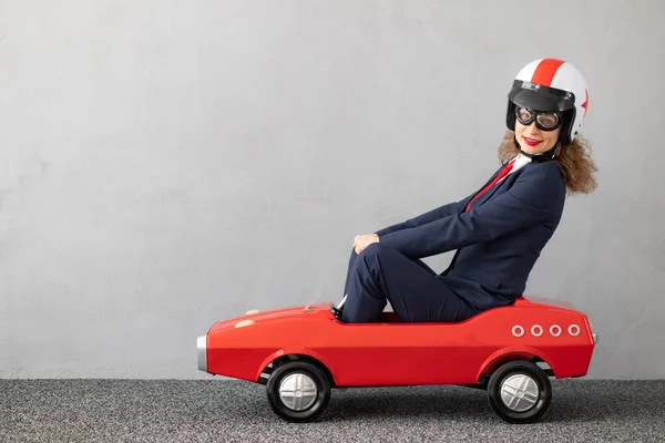 Successfull Businesswoman Driving Toy Car Outdoor Funny Young Woman Concrete — Stock Photo, Image