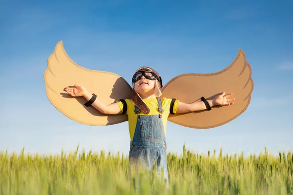 Criança Feliz Com Asas Papelão Brincando Livre Campo Verde Retrato — Fotografia de Stock