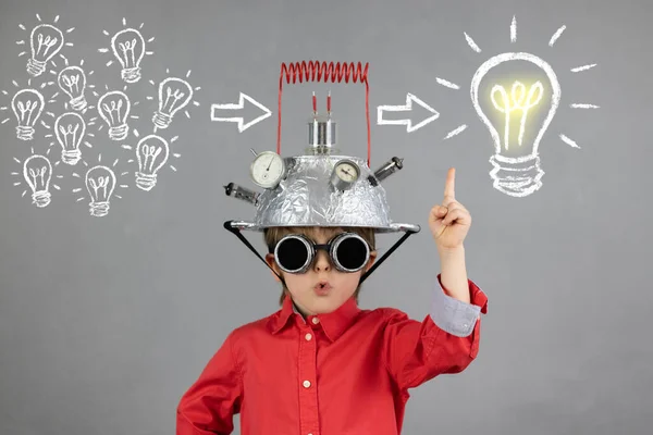 Smart Child Pretend Businessmen Funny Kid Wearing Helmet Lightbulb Education — Stock Photo, Image