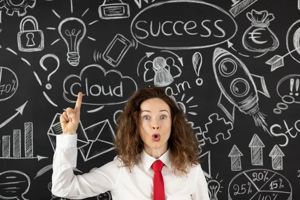 Successful Young Businesswoman Office Woman Standing Blackboard Success Business Startup — Stock Photo, Image