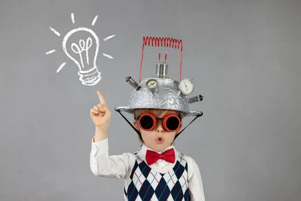 Smart Child Pretend Businessmen Funny Kid Wearing Helmet Lightbulb Education — Stock Photo, Image