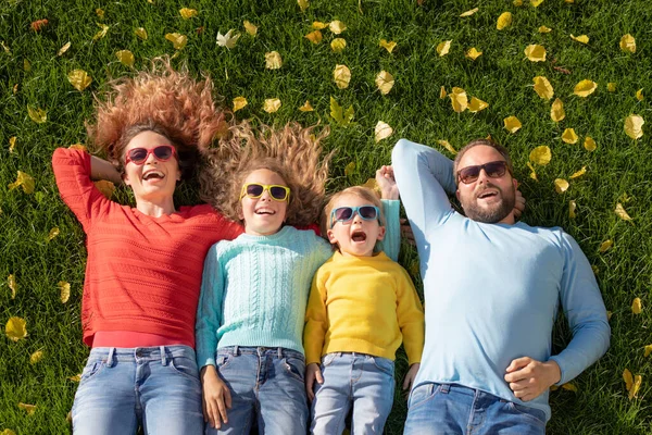 Retrato Família Feliz Livre Pai Mãe Filha Filho Divertindo Parque — Fotografia de Stock