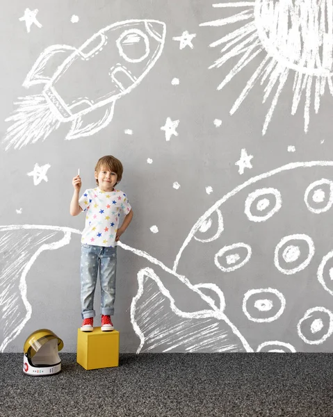 Dream Big Happy Child Playing Outdoor Funny Kid Draws Chalk — Stock Photo, Image