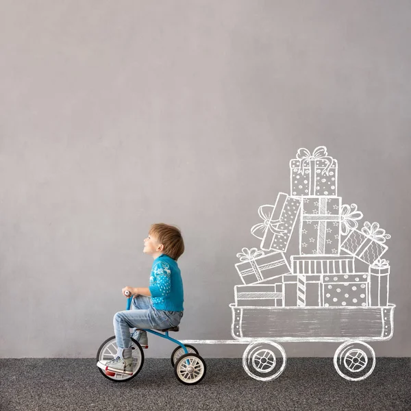 Joyeux Enfant Portant Costume Noël Gamin Vélo Drôle Enfant Qui — Photo