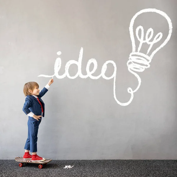 Funny Kid Pretend Businessman Child Draws Chalk Graph Wall Business — Stock Photo, Image