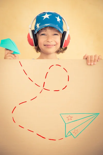 Παιδί πιλοτικό εκμετάλλευση banner κενό — Φωτογραφία Αρχείου