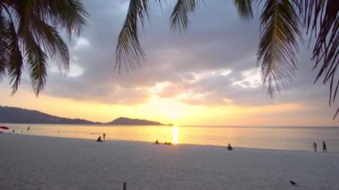 Phuket Tayland. Deniz Sahili. Sahilde Sunset 'in sahnesi. Plajdaki palmiye ağacı Sunset 'teki kum ve deniz ve sahildeki alacakaranlık zamanı. Denizde gün batımı.