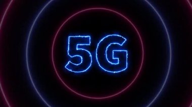 5G Mavi Neon animasyonu. Uzayda siyah arkaplanda neon ışığı. Sosyal medya ve sosyal ağ kavramı