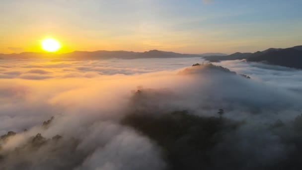 Luftaufnahme Des Morgens Bei Sonnenaufgang Wolkenbewegungen Morgenhimmel Ein Nebelmeer Bildet — Stockvideo