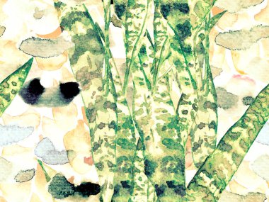 El çizimi, yapraklar ve çiçeklerle dikişsiz suluboya deseni..