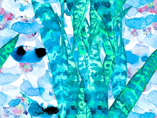 Aquarelle dessinée à la main motif exotique sans couture avec feuilles et fleurs. — Photo