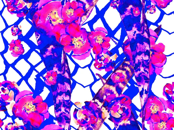 Handgezeichnetes nahtloses Aquarell exotisches Muster mit Blättern und Blumen. — Stockfoto