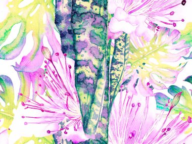 Suluboya kusursuz desen bırakır. Yaz Çiçeği Arkaplanı. Botanik Ormanı Çizimi. Aqua Menthe ve Proton Mor Egzotik Mayo Tasarımı. Hawaii Kova Parmak izi. Vintage Eko Uyumu. 