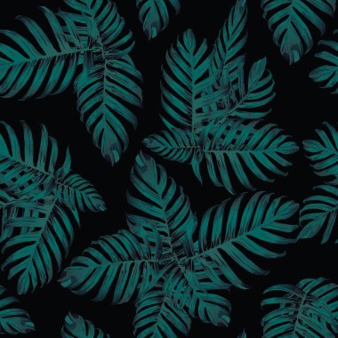 Palm Monstera Kusursuz Düzen. Siyah Yeşil Tropikal Yaz Arkaplanı. Plaj Ormanı Mayo Tasarımı Yaprakları. Lei Uyum. Klasik Hawai baskısı. Egzotik doku. Botanik döşemesi.