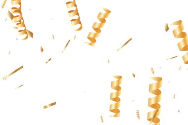  Altın konfetileri, kurdeleler. Parıldıyor. Bokeh geçmişi. Soyut altın yıldönümü davetiye şablonu. Düğün konsepti kartı. Uçan soyut parçacıklar. Patlama kutlama kartı.