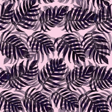 Palm Monstera Kusursuz Düzen. Violet Tropik Yaz Arkaplanı. Plaj Ormanı Mayo Tasarımı Yaprakları. Lei Uyum. Retro Hawai baskısı. Tropik Tekstil dokusu. Botanik döşemesi.