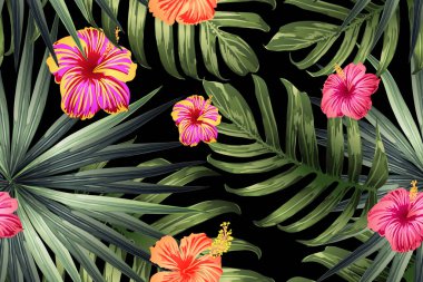 Yeşil kırmızı egzotik desen. Canavar yaprakları ve amber çiçekleri yaz baskısı. Hawaii tişörtü ve mayo fayansı. Yatay Kaliforniya doğal doku tasarımı. Güzel bahar botanik tasarımı.