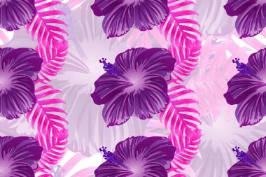 Tropikal desen. Kırmızı pembe egzotik yaz çiçeği vektör arkaplanı. Güzellik fasyonu canavarı, palmiye yaprakları ve amber çiçekleri. Hawaii tropik ormanı sonsuz iz. Doğal mayo tasarımı.