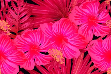 Pembe kırmızı egzotik desen. Canavar yaprakları ve amber çiçekleri yaz baskısı. Doymuş büyük çiçekli mayo izi. Yatay Kaliforniya doğal doku tasarımı. Aşırı doğal botanik tasarımı.