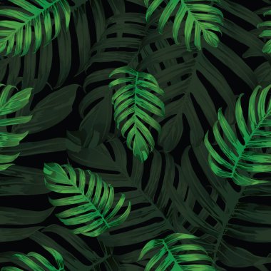 Palm Monstera Kusursuz Düzen. Siyah Yeşil Tropikal Yaz Arkaplanı. Plaj Ormanı Mayo Tasarımı Yaprakları. Lei Uyum. Retro Hawai baskısı. Tropik Tekstil dokusu. Botanik döşemesi.