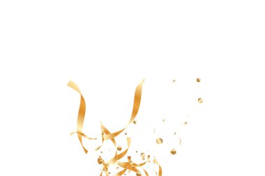  Altın konfetileri, kurdeleler. Parıldıyor. Bokeh geçmişi. Soyut altın yıldönümü davetiye şablonu. Düğün konsepti kartı. Uçan soyut parçacıklar. Patlama kutlama kartı.