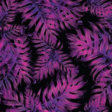 Palm Monstera Kusursuz Düzen. Siyah Pembe Tropik Yaz Arkaplanı. Plaj Ormanı Mayo Tasarımı Yaprakları. Lei Uyum. Klasik Hawai baskısı. Tropik Tekstil dokusu. Botanik döşemesi.