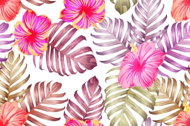 Pembe kırmızı egzotik desen. Canavar ve amber çiçekleri tropik buket. Doymuş büyük çiçekli mayo izi. Yatay Kaliforniya doğal doku tasarımı. Güzel bahar botanik tasarımı.