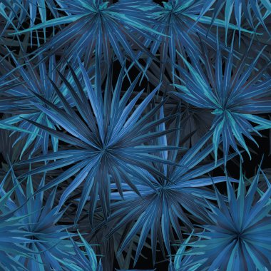 Palm Monstera Kusursuz Düzen. Indigo Tropik Yaz Arkaplanı. Plaj Ormanı Mayo Tasarımı Yaprakları. Lei Uyum. Retro Hawai baskısı. Tropik Tekstil dokusu. Botanik fayansları.