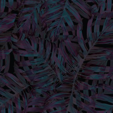 Palm Monstera Kusursuz Düzen. Indigo Tropik Yaz Arkaplanı. Plaj Ormanı Mayo Tasarımı Yaprakları. Lei Uyum. Retro Hawai baskısı. Tropik Tekstil dokusu. Botanik fayansları.