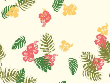 Tropikal arka plan. Yeşil, pembe, kırmızı, sarı canavar, amber çiçeği, avuç içi vektör elementleri. Hawaii egzotik kapak şablonu. Yaz botanik arka planı. Tropik çiçekli orman dokusuna sahip klasik bir iz..