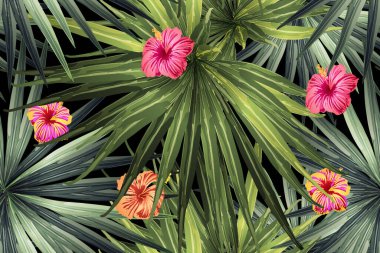 Yeşil kırmızı egzotik desen. Canavar yaprakları ve amber çiçekleri yaz baskısı. Hawaii tişörtü ve mayo fayansı. Yatay romantik vahşi vektör egzotik fayans. Güzel bahar botanik tasarımı.