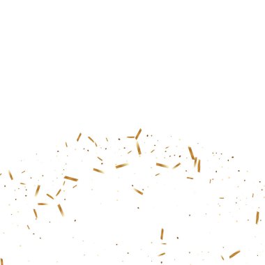 Altın kurdeleli konfeti. Uçan parlak parıltı. Bokeh dokusu. Soyut altın odaklı yıldönümü davetiye şablonu. Düğün altın çıngıraklı yılanlar. Düşen soyut ışıltı. Patlama doğum günü kartı.