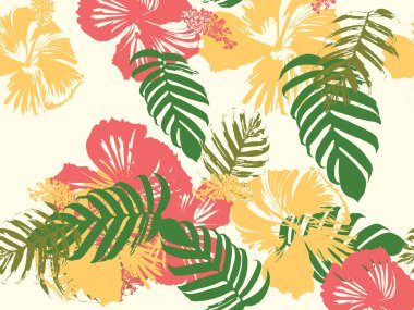 Tropikal arka plan. Yeşil, pembe, kırmızı, sarı canavar, amber çiçeği, avuç içi vektör elementleri. Hawaii egzotik kapak şablonu. Yaz botanik arka planı. Tropik çiçekli orman dokusuna sahip klasik bir iz..