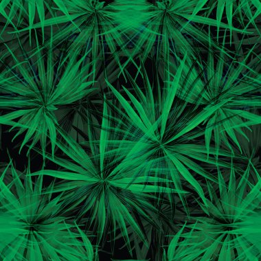 Palm Monstera Kusursuz Düzen. Siyah Yeşil Tropikal Yaz Arkaplanı. Plaj Ormanı Mayo Tasarımı Yaprakları. Lei Uyum. Retro Hawai baskısı. Tropik Tekstil dokusu. Botanik döşemesi.