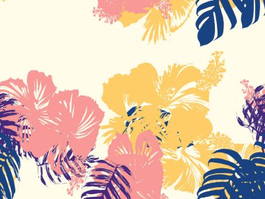 Tropikal arka plan. Yeşil, pembe, kırmızı, sarı canavar, amber çiçeği, avuç içi vektör elementleri. Hawaii egzotik kapak şablonu. Yaz botanik arka planı. Tropik çiçekli orman dokusuna sahip klasik bir iz..