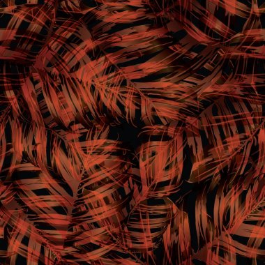 Palm Monstera Kusursuz Düzen. Turuncu Siyah Tropikal Yaz Arkaplanı. Plaj Ormanı Mayo Tasarımı Yaprakları. Lei Uyum. Klasik Hawai baskısı. Tropik Tekstil dokusu. Botanik fayansları.