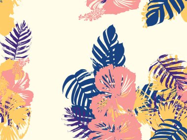 Tropikal arka plan. Yeşil, pembe, kırmızı, sarı canavar, amber çiçeği, avuç içi vektör elementleri. Hawaii egzotik kapak şablonu. Yaz botanik arka planı. Tropik çiçekli orman dokusuna sahip klasik bir iz..