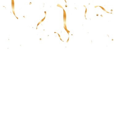 Altın kurdeleli konfeti. Parıldıyor. Bokeh dokusu. Soyut altın odaklı yıldönümü davetiye şablonu. Düğün altın kurdele kartı. Uçan soyut parıltı. Patlama kutlama kartı