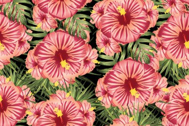 Yeşil kırmızı egzotik desen. Canavar ve amber çiçekleri tropik buket. Hawaii tişörtü ve mayo fayansı. Yatay romantik vahşi vektör egzotik fayans. Güzel bahar botanik tasarımı.