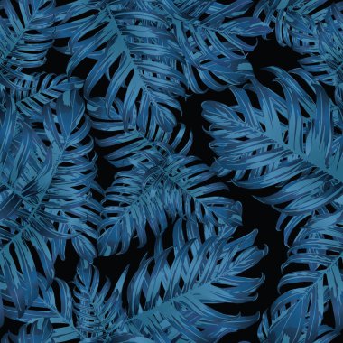 Palm Monstera Kusursuz Düzen. Mavi Siyah Tropikal Yaz Arkaplanı. Plaj Ormanı Mayo Tasarımı Yaprakları. Lei Uyum. Retro Hawai baskısı. Tropik Tekstil dokusu. Botanik fayansları.