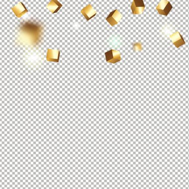 3 boyutlu altın küplü konfeti. Uçan parlak parıltı. Bokeh arızası dokusu. Soyut altın odaklı doğum günü davetiyesi şablonu. Altın kare düğün kartı. Uçan soyut parıltı. Patlama kutlama kartı