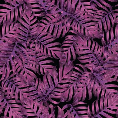 Palm Monstera Kusursuz Düzen. Magenta Tropik Yaz Arkaplanı. Plaj Ormanı Mayo Tasarımı Yaprakları. Lei Uyum. Klasik Hawai baskısı. Egzotik doku. Botanik döşemesi.