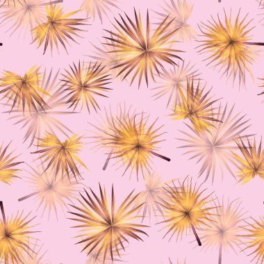 Palm Monstera Kusursuz Düzen. Pembe Beyaz Tropikal Yaz Arkaplanı. Plaj Ormanı Mayo Tasarımı Yaprakları. Lei Uyum. Retro Hawai baskısı. Egzotik doku. Botanik fayansları.