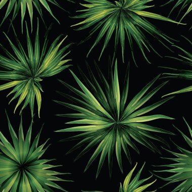 Palm Monstera Kusursuz Düzen. Yeşil Siyah Tropikal Yaz Arkaplanı. Plaj Ormanı Mayo Tasarımı Yaprakları. Lei Uyum. Retro Hawai baskısı. Egzotik doku. Botanik döşemesi.