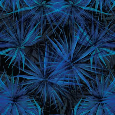 Palm Monstera Kusursuz Düzen. Indigo Tropik Yaz Arkaplanı. Plaj Ormanı Mayo Tasarımı Yaprakları. Lei Uyum. Retro Hawai baskısı. Tropik Tekstil dokusu. Botanik döşemesi.