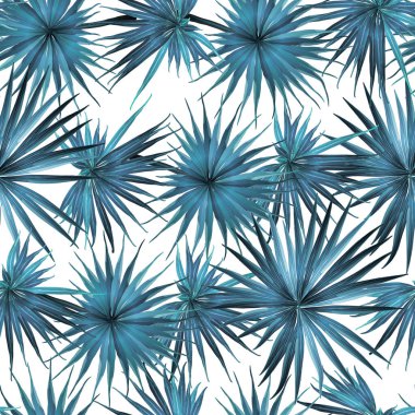 Palm Monstera Kusursuz Düzen. Mavi Beyaz Tropikal Yaz Arkaplanı. Plaj Ormanı Mayo Tasarımı Yaprakları. Lei Uyum. Retro Hawai baskısı. Tropik Tekstil dokusu. Botanik fayansları.
