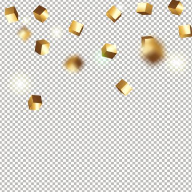 3 boyutlu altın küplü konfeti. Uçan parlak parıltı. Bokeh arızası dokusu. Soyut altın odaklı doğum günü davetiyesi şablonu. Altın kare düğün kartı. Uçan soyut parıltı. Patlama kutlama kartı