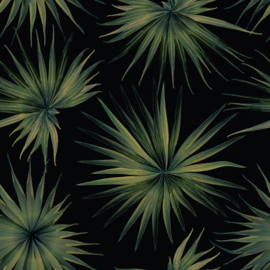 Palm Monstera Kusursuz Düzen. Yeşil Siyah Tropikal Yaz Arkaplanı. Plaj Ormanı Mayo Tasarımı Yaprakları. Lei Uyum. Retro Hawai baskısı. Egzotik doku. Botanik döşemesi.