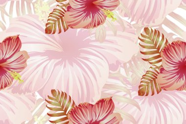 Tropikal desen. Kırmızı pembe yeşil egzotik yaz çiçeği vektör arka planı. Güzellik fasyonu canavarı, palmiye yaprakları ve amber çiçekleri. Hawaii tropik ormanı sonsuz iz. Doğal mayo tasarımı.