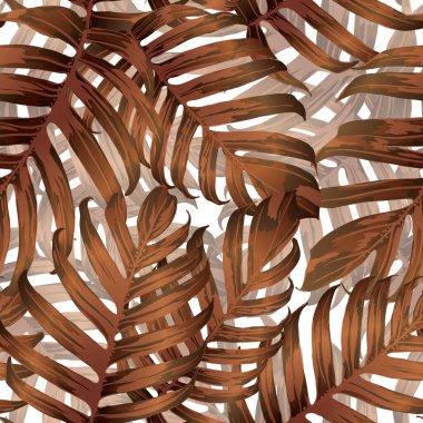 Palm Monstera Kusursuz Düzen. Turuncu Beyaz Tropikal Yaz Arkaplanı. Plaj Ormanı Mayo Tasarımı Yaprakları. Lei Uyum. Retro Hawai baskısı. Egzotik doku. Botanik döşemesi.